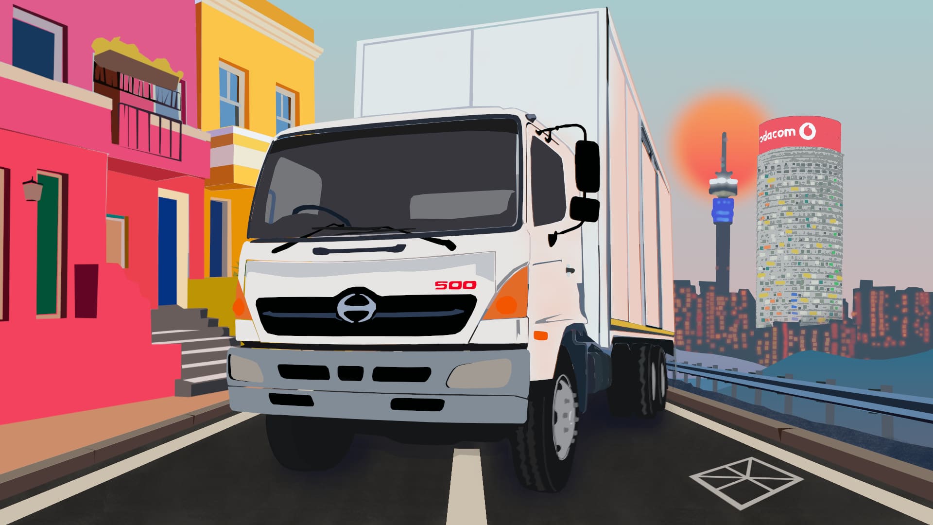2017 HINO VECTOR MENQUIP INTERNATIONAL Hino truck cartoon, illustration, vector, south africa, cape town, johannesburg, ponte tower, cape town colourful houses, illustration south africa